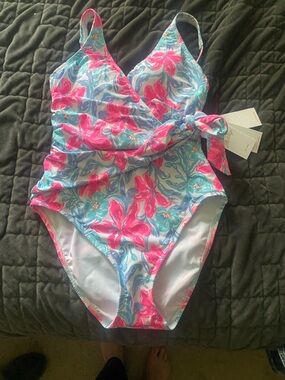 Lilly Pulitzer Pink & Aqua Floral Wrap One-Piece Swimsuit